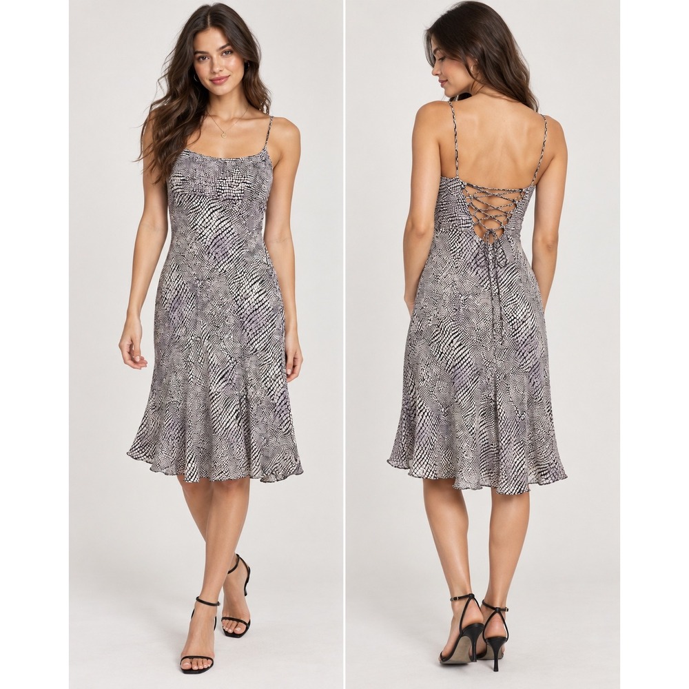 Angie Snakeskin Print Lace Up Back Midi Dress Purple Grey Size M